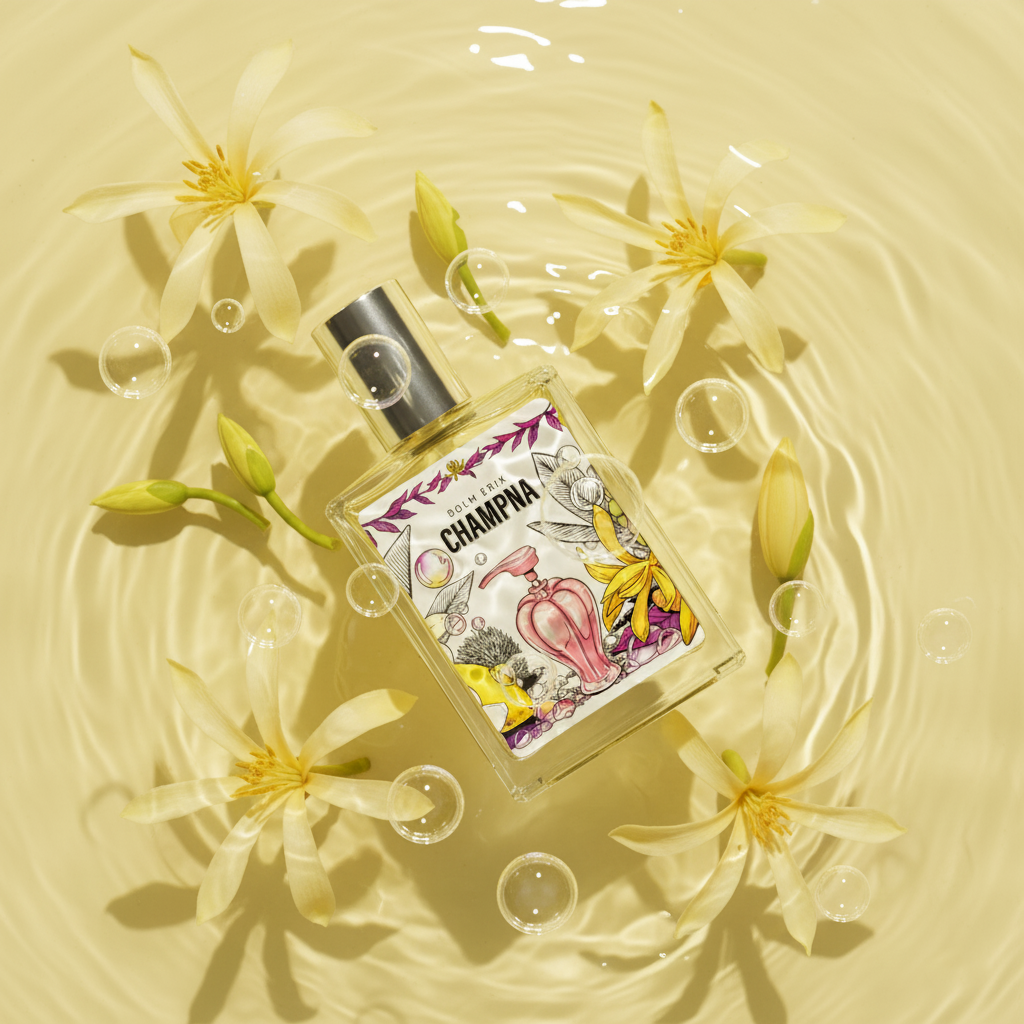 볼름에릭스 참프나 향수, 맑은 노란색 물결과 비누 거품 위에 떠 있는 그린 망고 샴푸 향수