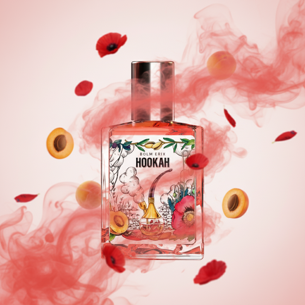 볼름에릭스 후카 - 달콤한 살구와 몽환적인 스모크 노트의 조화 볼름에릭스 후카 향수 일러스트, 공중에 떠 있는 살구와 붉은 양귀비 꽃, 핑크색 연기 효과