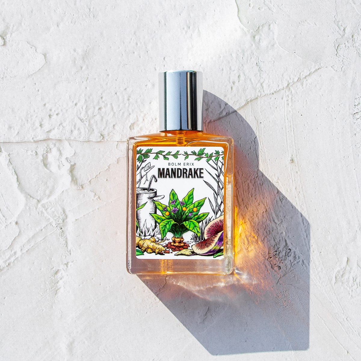 볼름에릭스 맨드레이크 향수, 거친 하얀 돌 질감 위에 놓인 힐링 니치 향수 오 드 퍼퓸