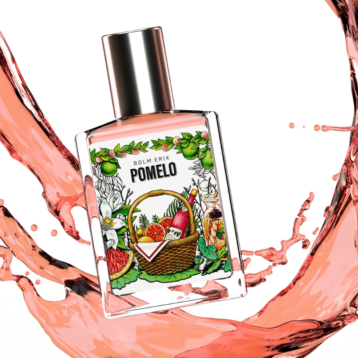 볼름에릭스 포멜로 향수, 핑크빛 액체가 역동적으로 튀어 오르는 롱래스팅 시트러스 향수 연출컷