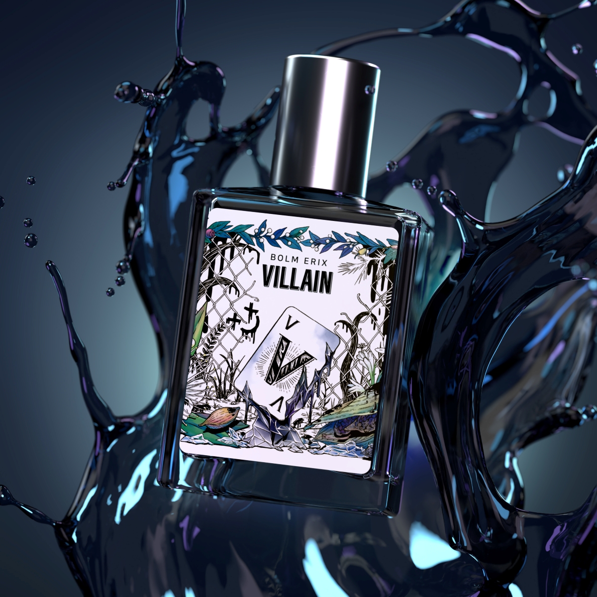 볼름에릭스 빌런 향수, 검푸른 액체가 역동적으로 튀어 오르는 배경의 메탈릭 니치 향수 보틀