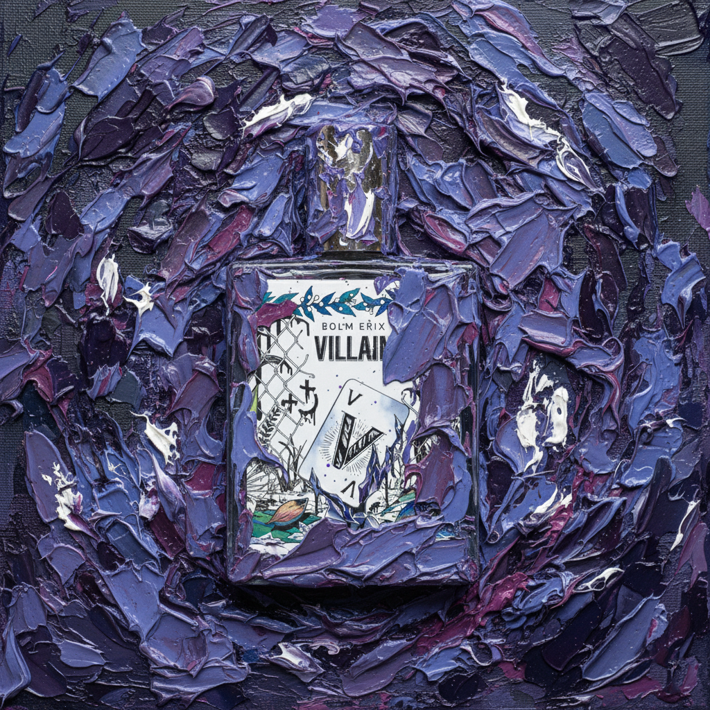 볼름에릭스 빌런 향수, 거친 보라색 유화 질감 배경에 놓인 관능적인 무드의 니치 향수